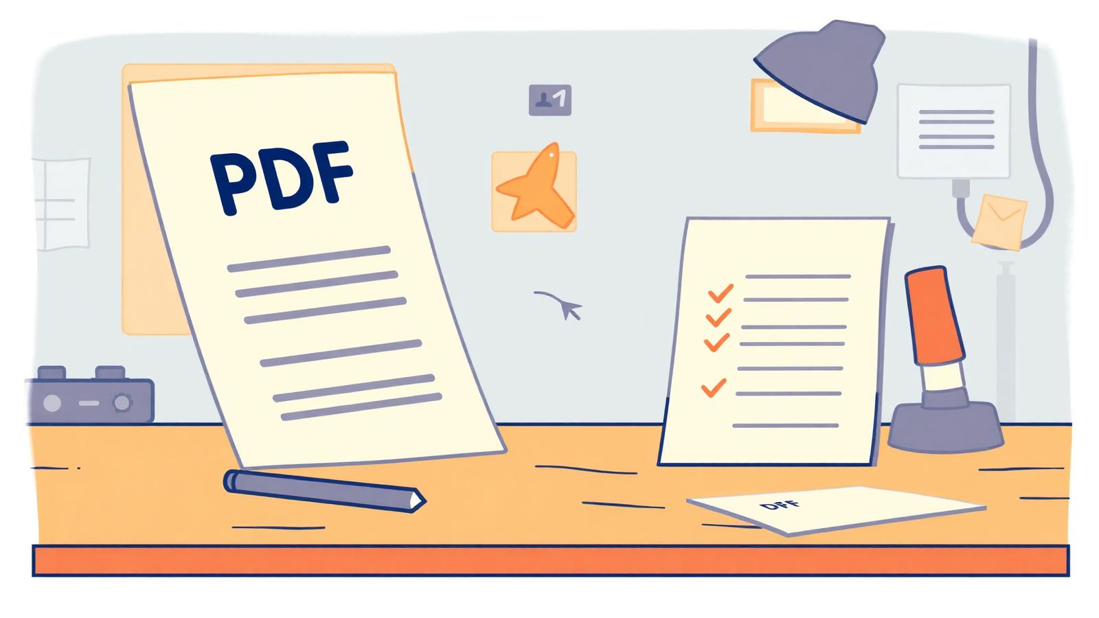A PDF page on a workbench turning into an editable Word document beside a comparison checklist.