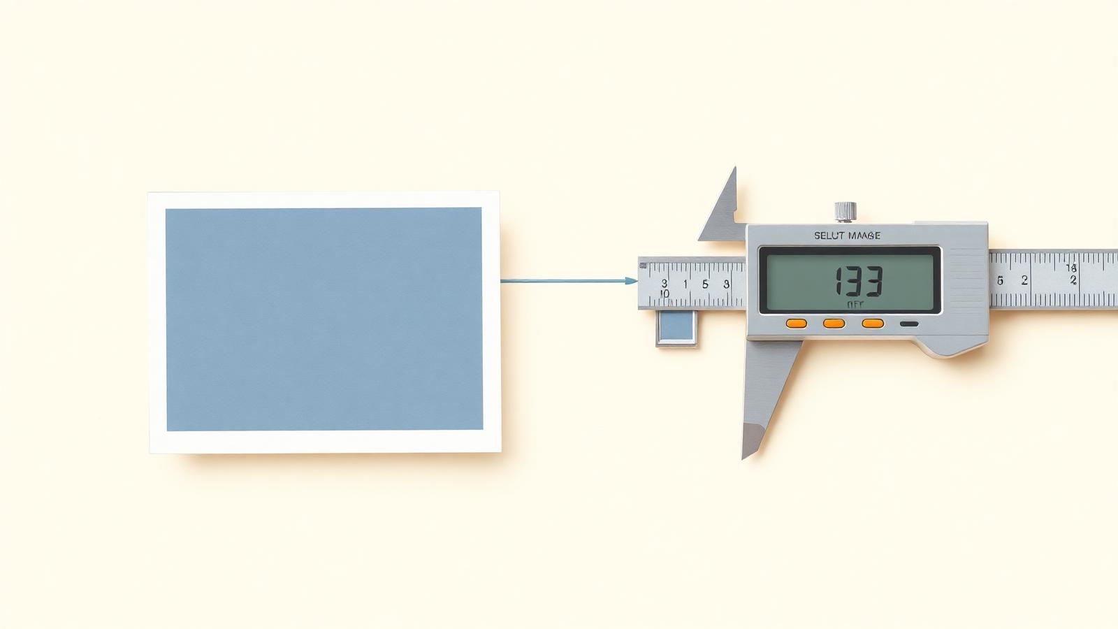 Illustration of a photo being measured down to a smaller target size with a digital caliper.