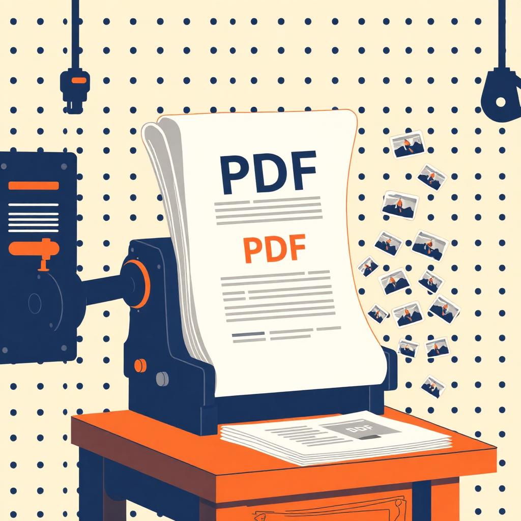 Illustration of a PDF being pressed through a hand-cranked workshop press, with image thumbnails escaping like steam as the compressed PDF comes out.