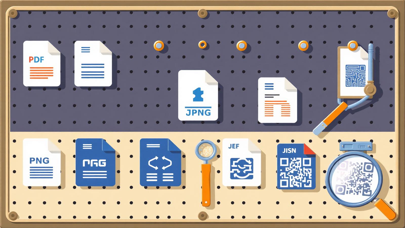 A workshop pegboard covered in file-format icons — PDF, Word, JPG, PNG, MP3, MP4, JSON, CSV and a QR code — laid out like a catalogue.