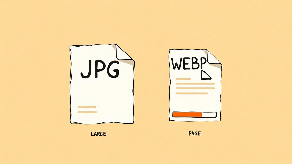 A large JPG file shrinking into a much smaller WebP file next to a page-load speed bar.