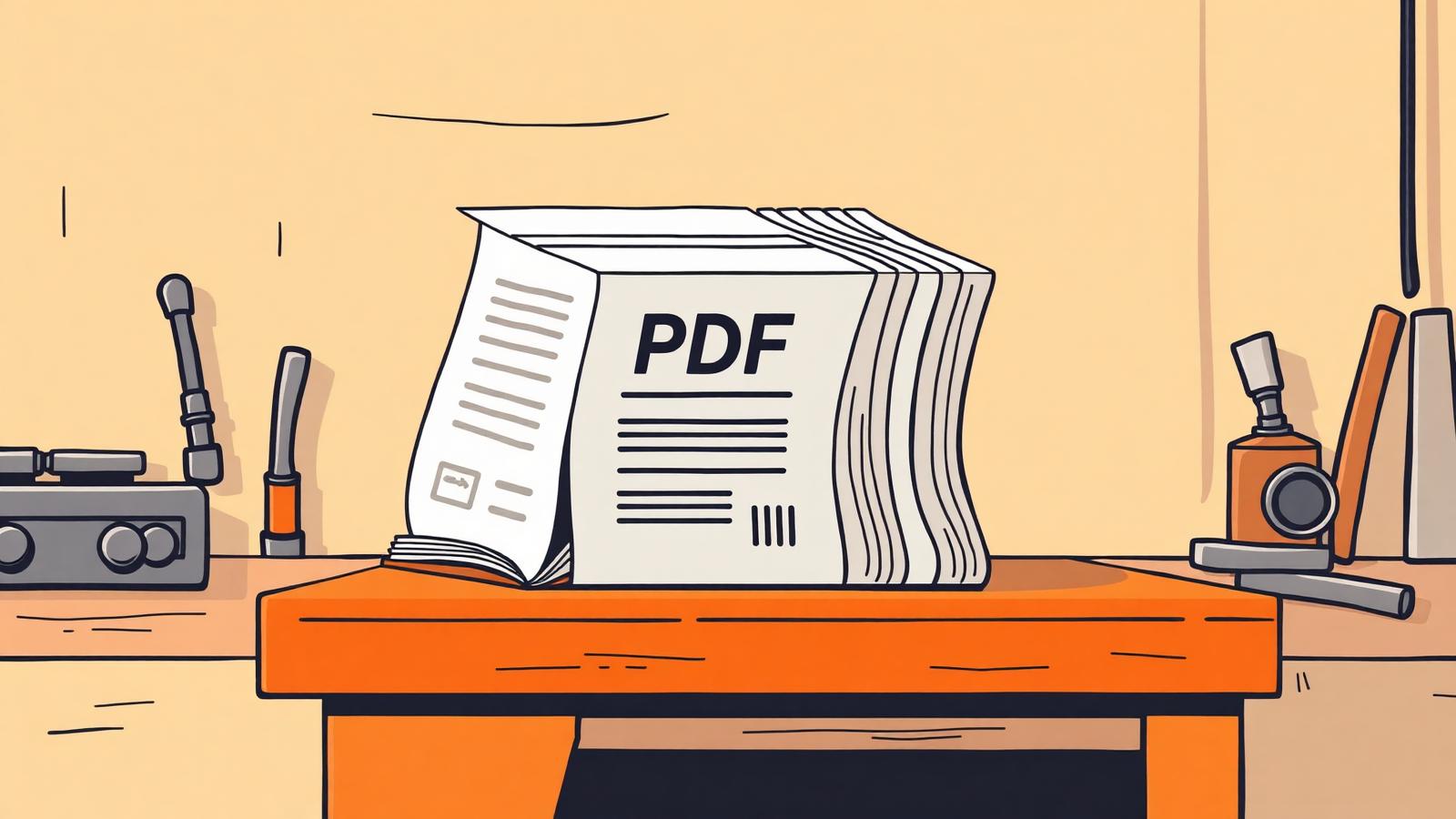 Illustration of several PDF sheets sliding together into one bound PDF document on a workbench.