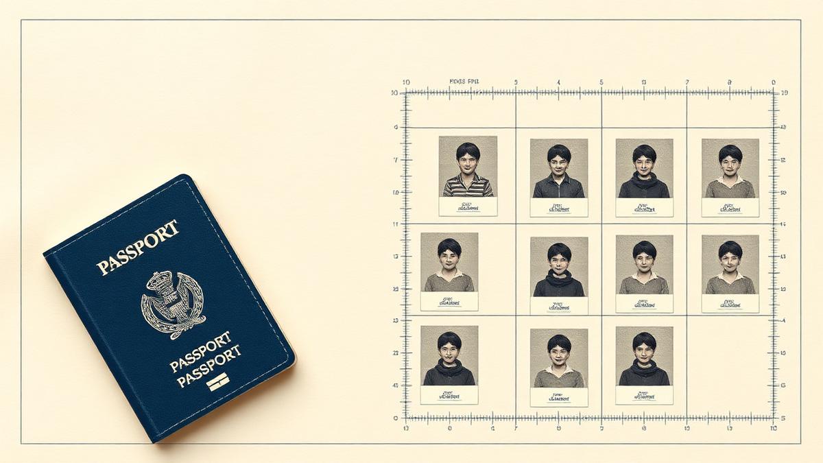 Illustration of a passport booklet beside a sheet of ID photo prints with crop guides and millimetre rulers.