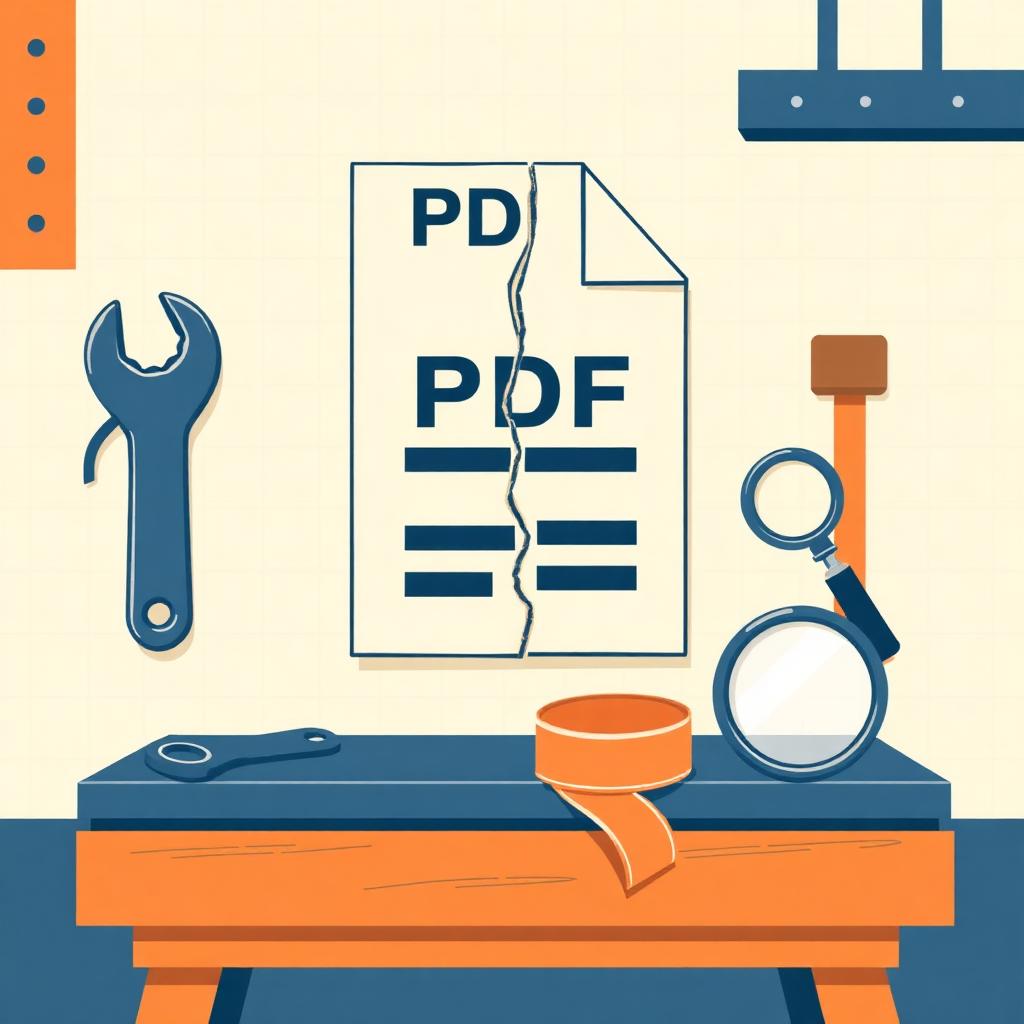 Illustration of a torn PDF document on a workbench with a wrench, tape, and magnifying glass laid out around it, ready for repair.
