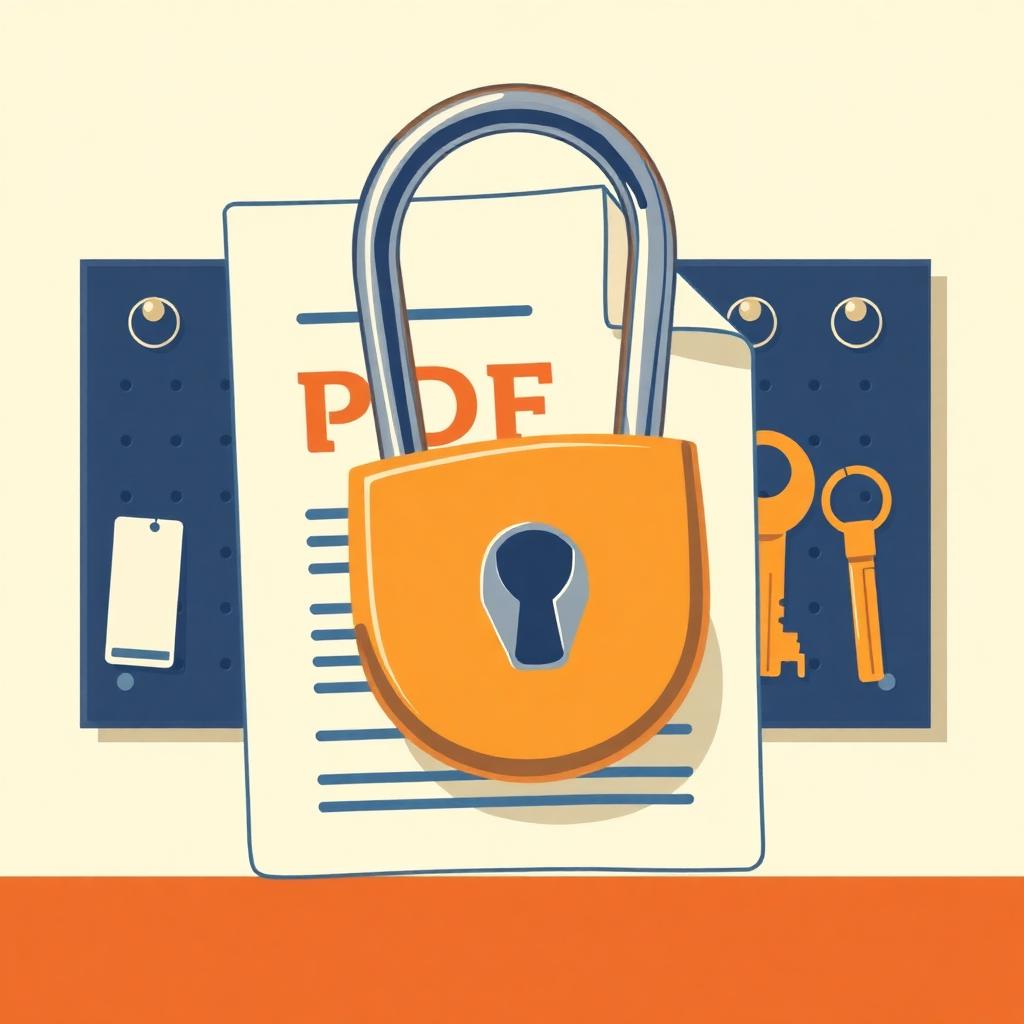 Illustration of a heavy padlock closing a PDF document, with keys hanging on a workshop pegboard behind.