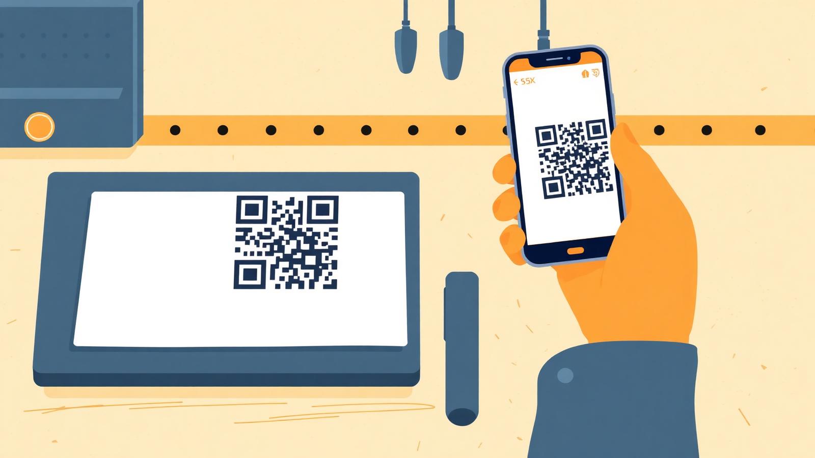 Illustration of a printed QR code on a card being scanned by a phone on a workbench.
