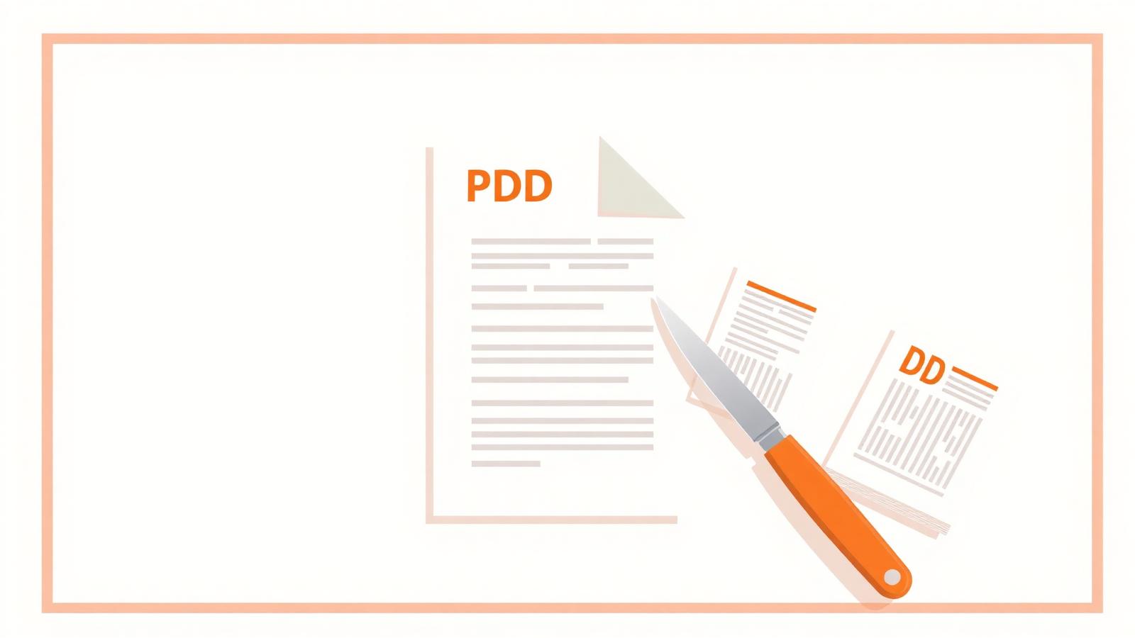 Illustration of a large PDF document being cut into several smaller page stacks with a craft knife.